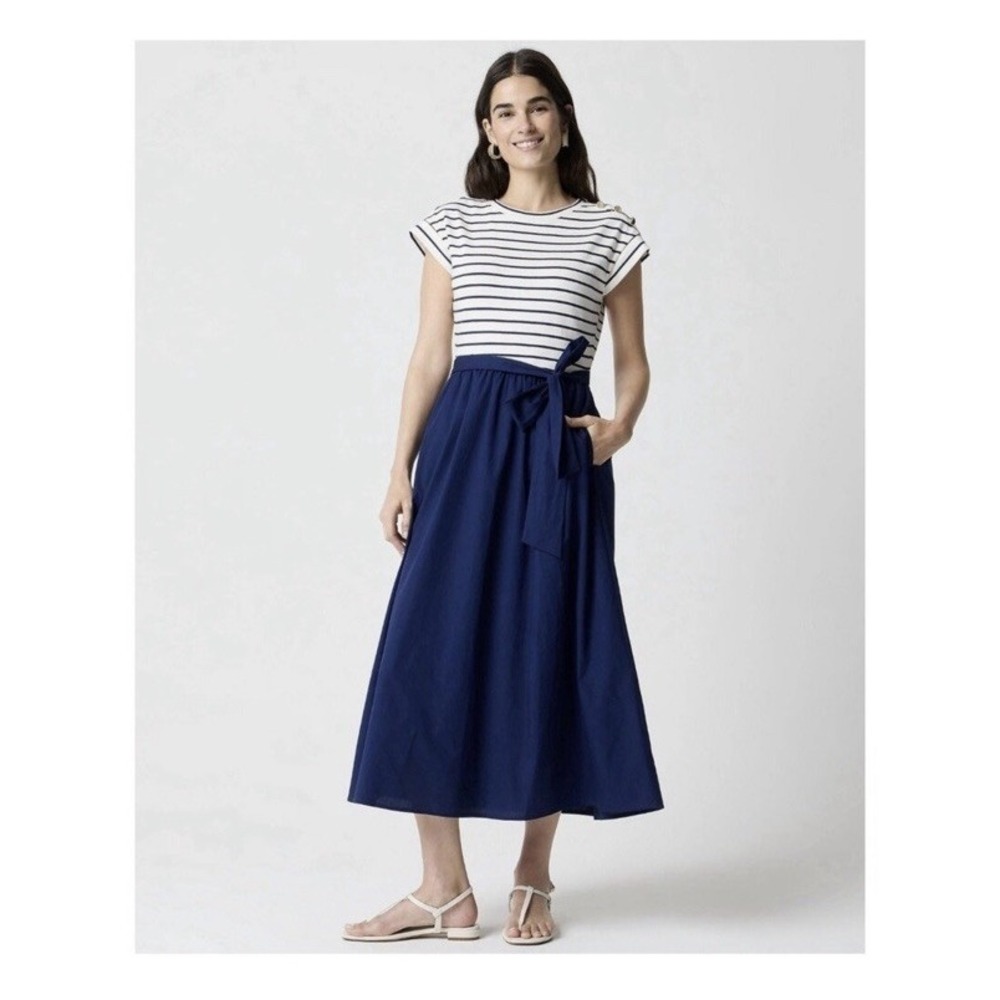 J Crew Midi Americana Preppy Nautical Tie Waist Pockets Mixy Dress M Navy Ivory